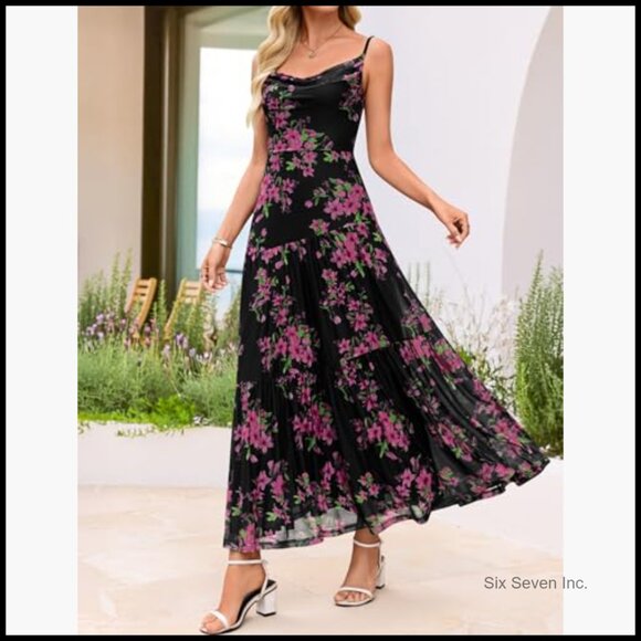 Mesh Spaghetti Strap Maxi Dress Floral Boho Beach Wedding Guest - Picture 5 of 7